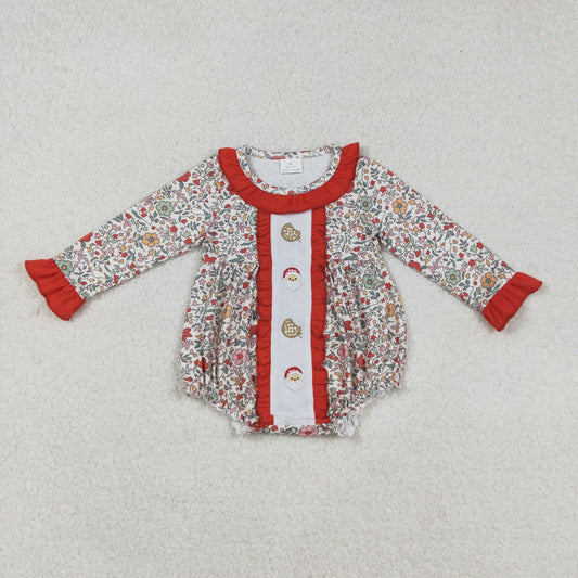 RTS NO MOQ（In Stock) LR2232 Embroidered Cookie Santa Claus Flowers and Leaves Red Lace Long-Sleeved Bodysuit