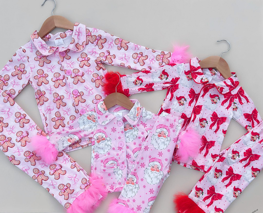 RTS NO MOQ Sibling Baby Girls Christmas Pink Plush Button Long Sleeve Long Pants Pajama Sets