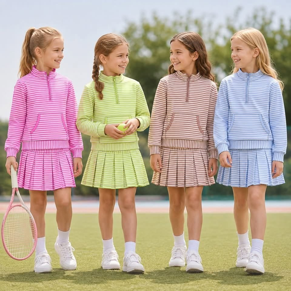 (Preorder new) No moq Yoga Toddler Girls Stripe Zip Front Pocket Long Sleeve Pullover Top Pleated Skirt Yoga Active Outfit Set