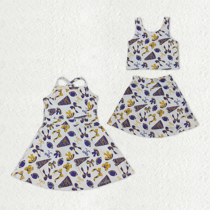 RTS NO MOQ Sibling baby girl clothes team cheer skirt yoga sets and dress