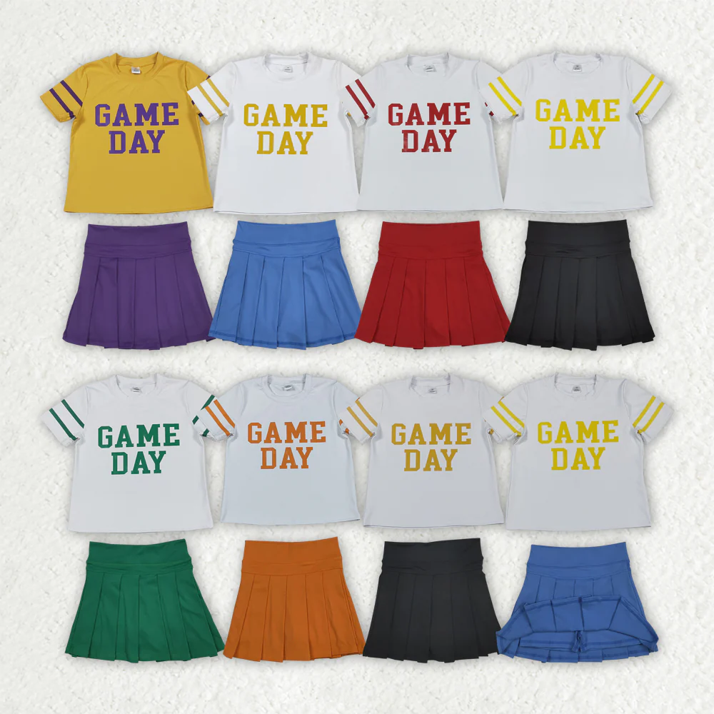 RTS NO MOQ Sibling baby girls clothes Game Day White short-sleeved yoga top with offset green lettering and stripes Solid green yoga skirt set