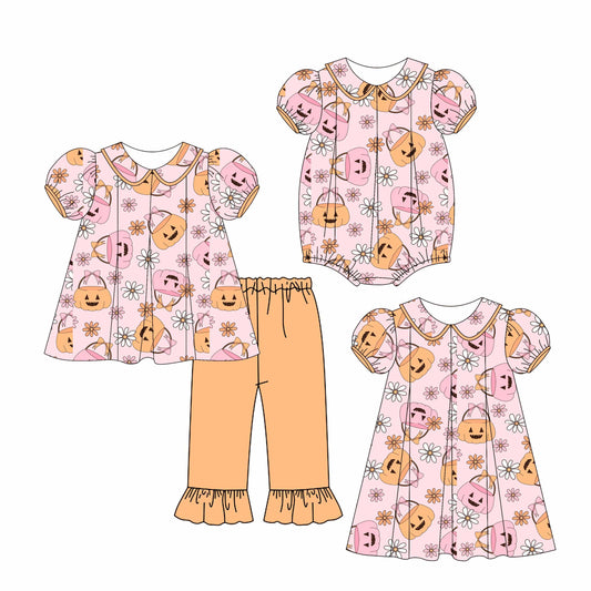 4.28 custom each style moq 5eta 4-6week Sibling Sisters floral pumpkin baby girl short sleeve shorts sets and pants sets and dress match family design