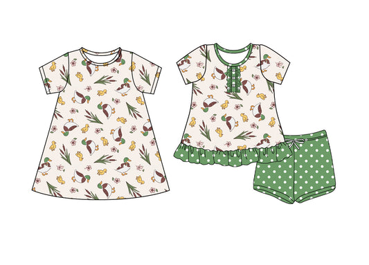 4.10 custom each style moq 5eta 4-6week Sibling Sister duck baby girl short sleeve shorts sets and dresses match design