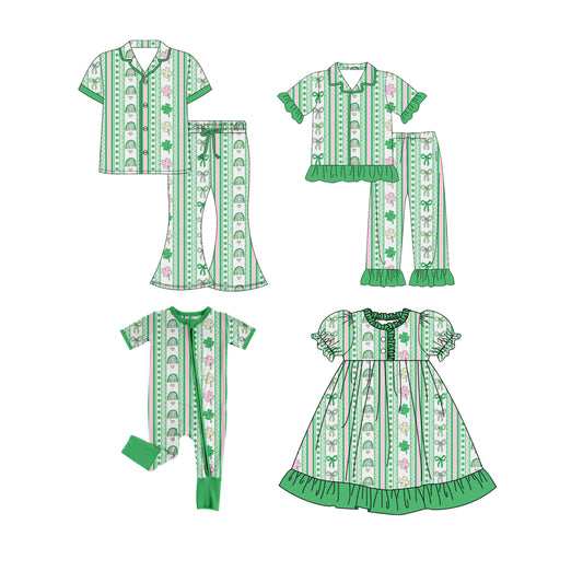 25.9.18 custom each style moq 8 eta 6-8week Sibling Sister bow green baby short sleeve pants seta and dress and romper and adult set match design