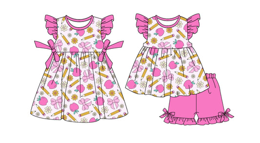 25.12.30 custom each style moq 5 eta 6-8week Sibling Sister bow pencil baby short sleeve shorts sets and dress match design