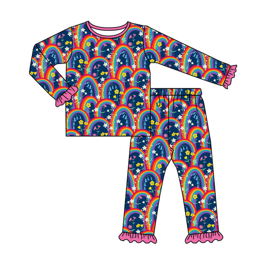 5.18custom each style moq 5eta 4-5week Sibling Sister rainbow flowers prints girls outfits and baby romper match family design