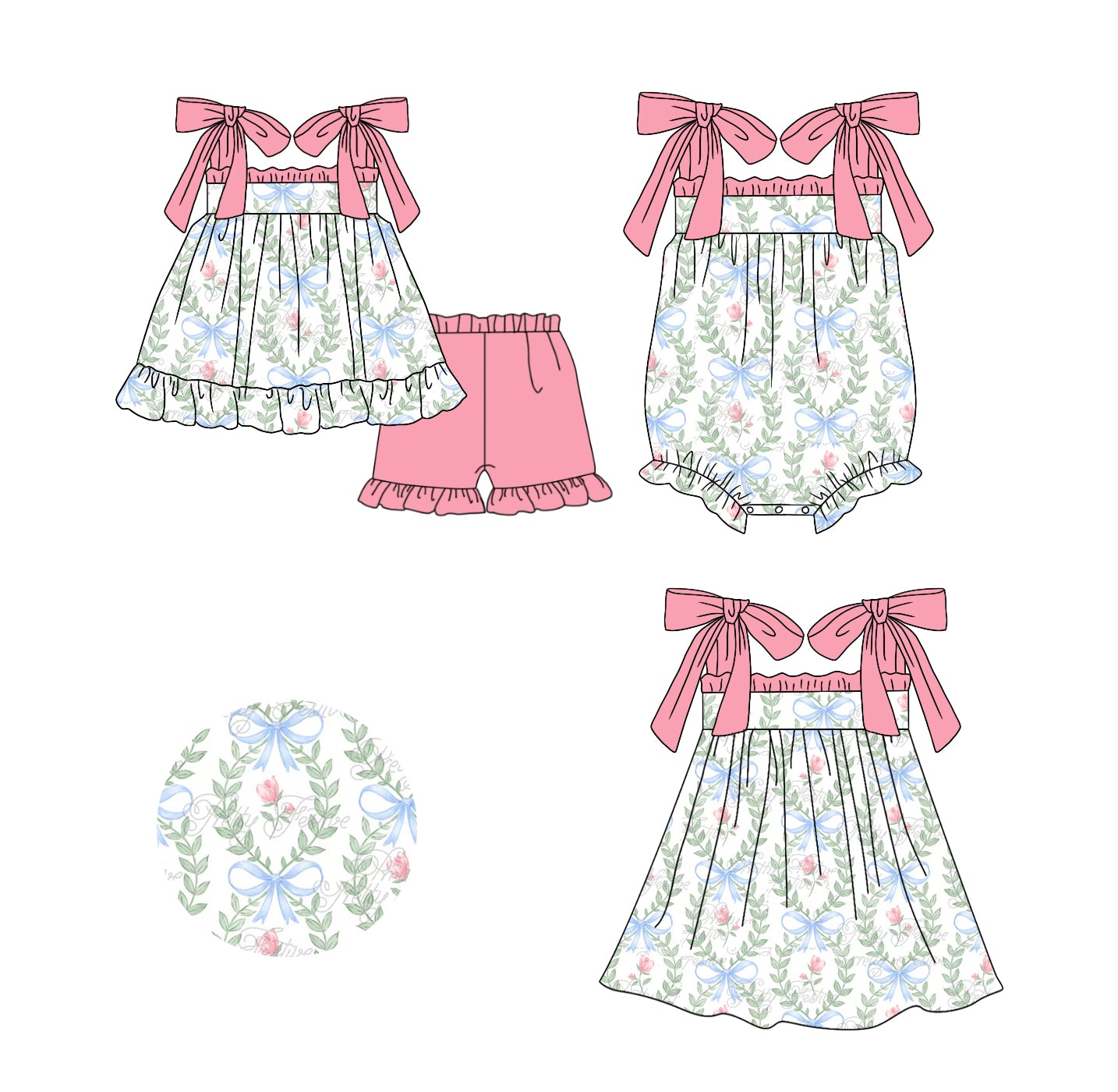 11.15 custom each style moq 5eta 4-6week Sibling Sister floral bow baby girl short sleeve shorts sets and dress and rompers match family design
