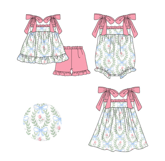 11.15 custom each style moq 5eta 4-6week Sibling Sister floral bow baby girl short sleeve shorts sets and dress and rompers match family design