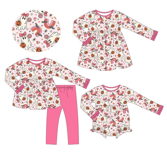 25.6.18 custom each style moq 5eta 4-6week Sibling Sisters ghost bow baby girl long sleeve pants sets and dress and rompers match family design