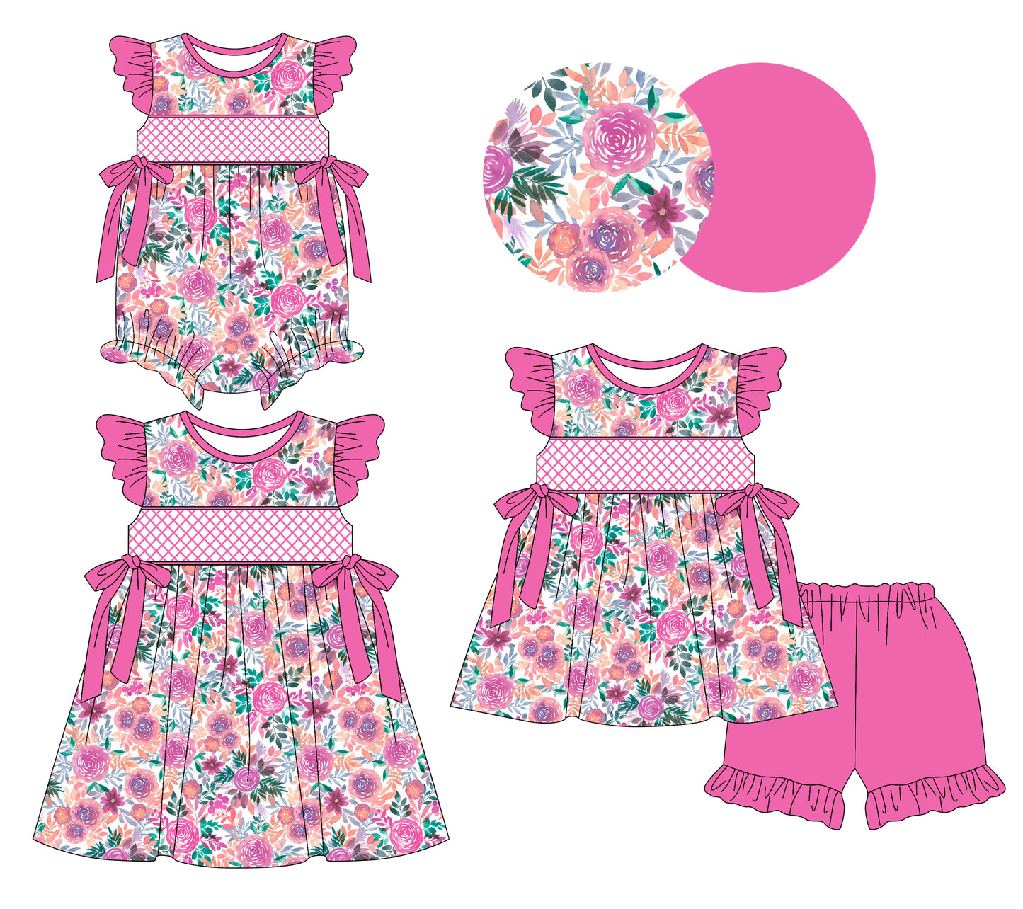 3.11 custom each style moq 5eta 4-6week Sibling Sisters floral baby girl short sleeve shorts sets and dress and rompers match family design