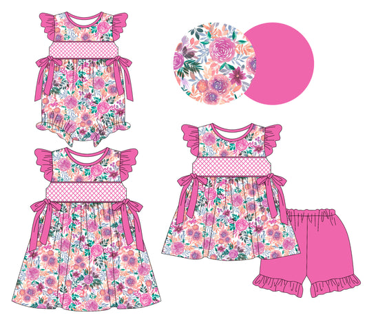 3.11 custom each style moq 5eta 4-6week Sibling Sisters floral baby girl short sleeve shorts sets and dress and rompers match family design