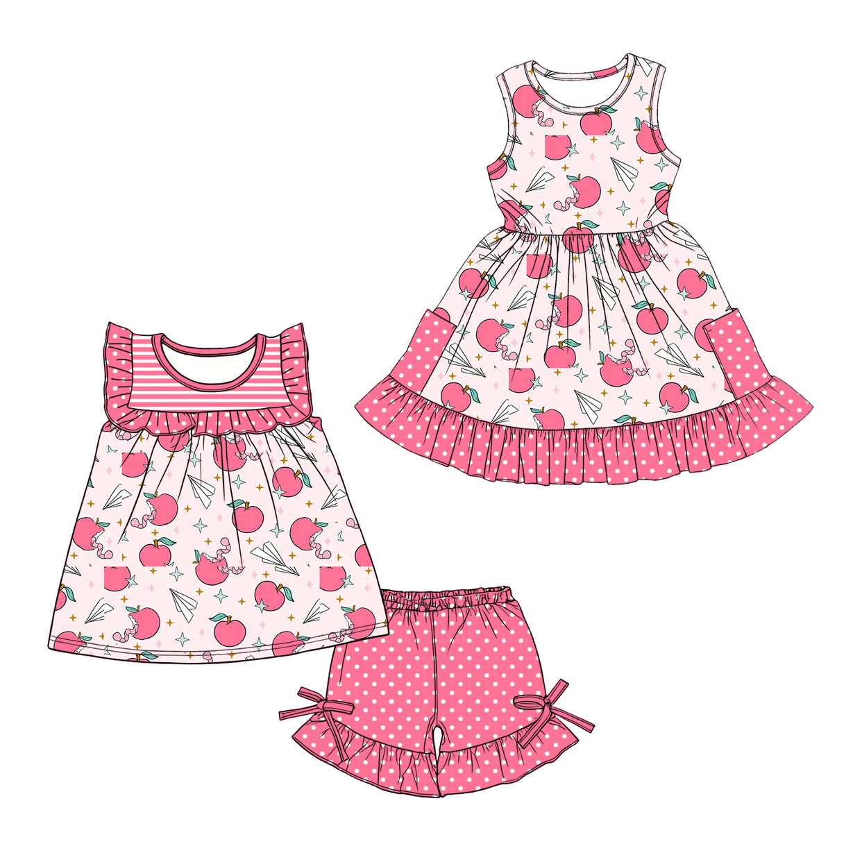 Custom moq 5 mix size Sibling Baby Girl's pink Short-Sleeved Top And Shorts Set Cute Dress for Summer