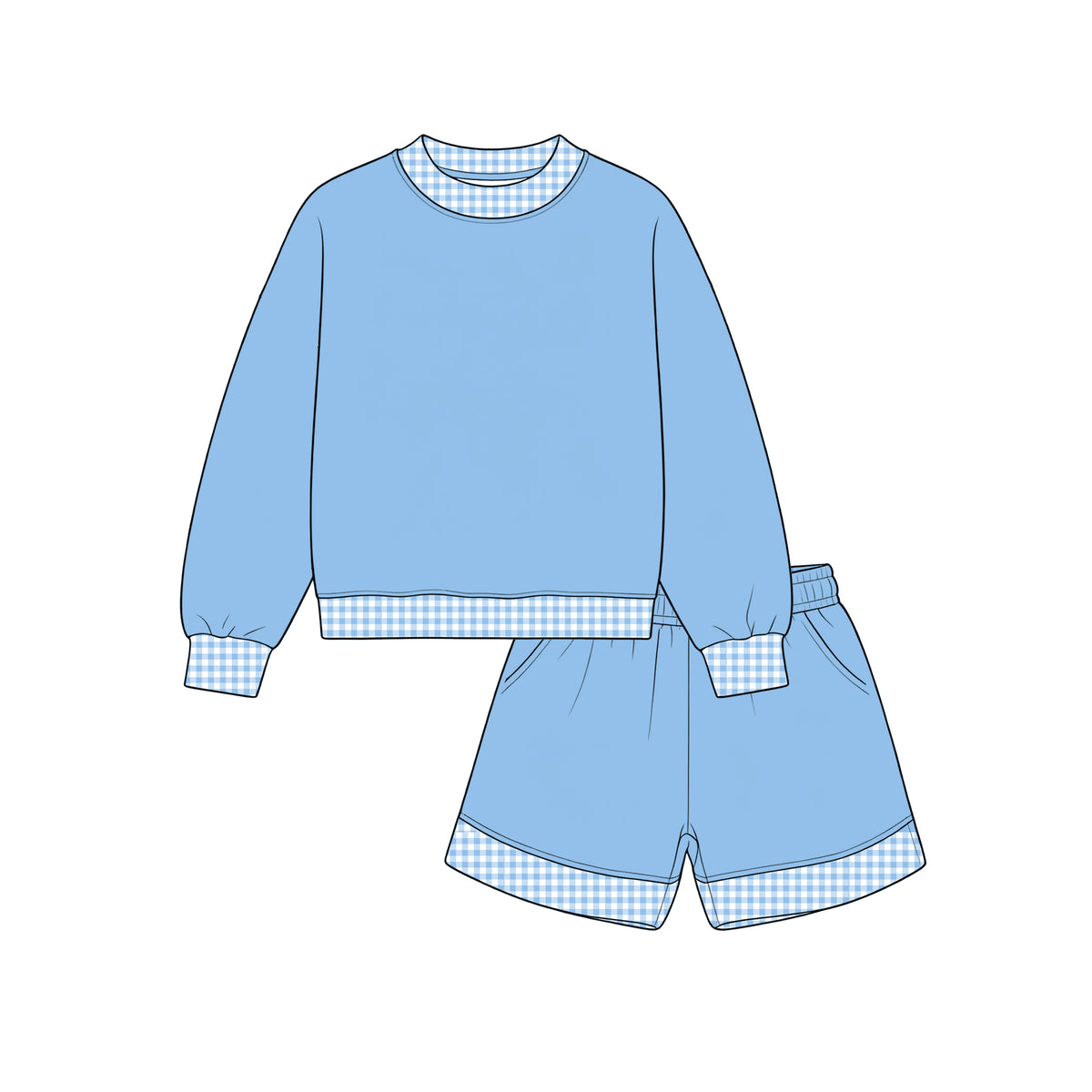 Custom moq 5 girls  Blank Cotton Fabric Sweatshirt Shorts Set Light blue sweatshirt and shorts set