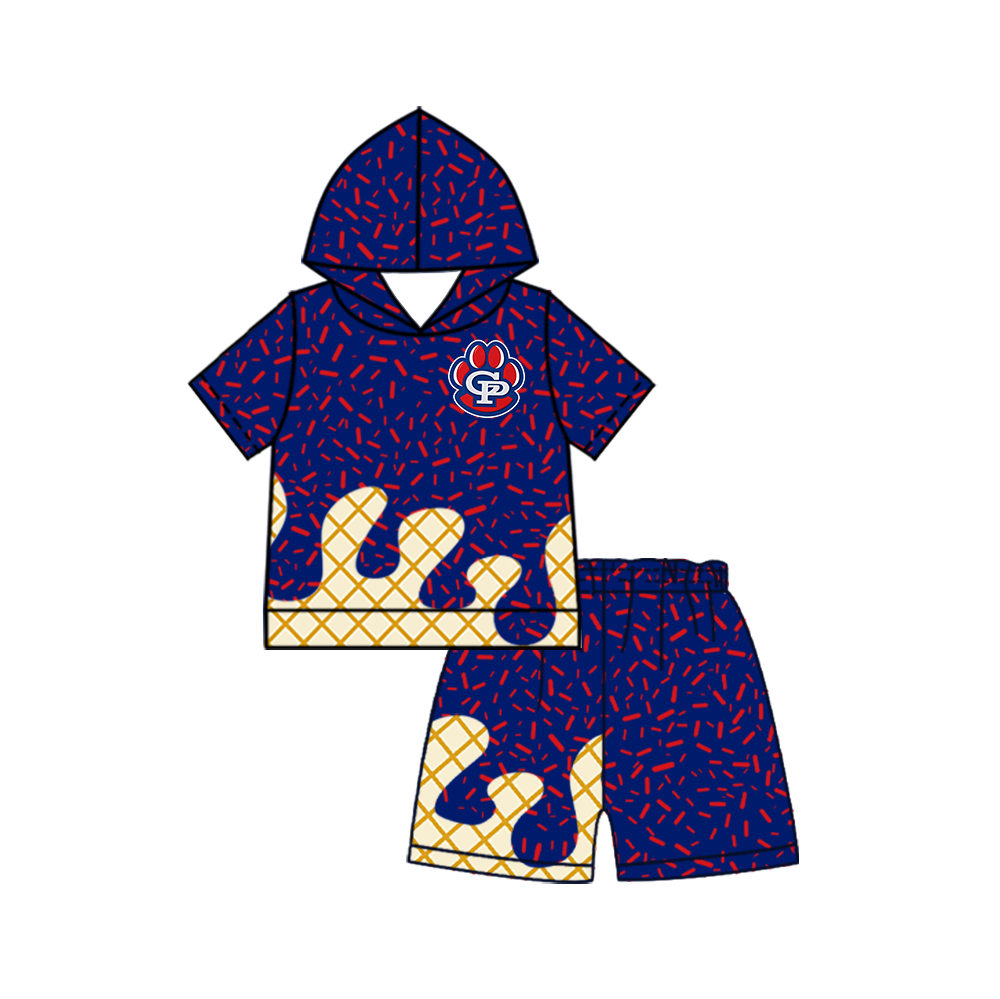 custom moq 5 mix size MSD072408 Baby Kids Sprinkles Drip Team Short Sleeve Hooded Top And Shorts Clothes Set