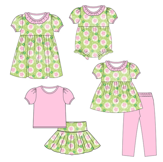 25.9.24 custom each style moq 8 eta 6-8week Sibling Sisters floral baby girl short sleeve pants sets and skirts sets and dress and rompers match family design