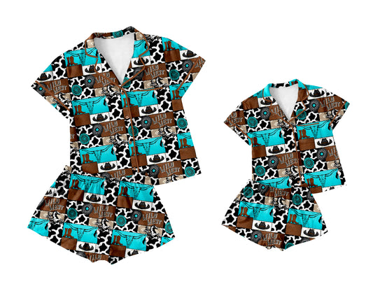 3.25 custom each style moq 5eta 4-6week Sibling Sister cow head hat short sleeve shorts sets and adult sets match design