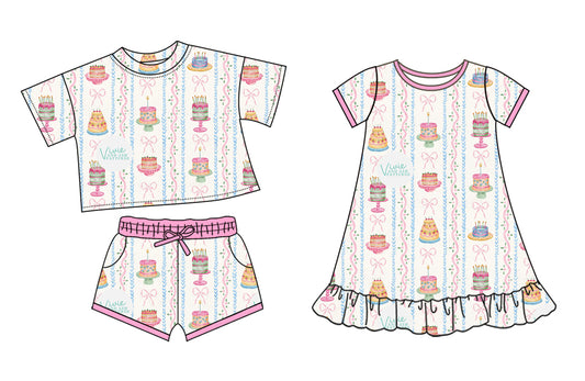 25.10.10 custom each style moq 5 eta 6-8week Sibling Sister cake bow baby girl short sleeve shorts sets and dress match design