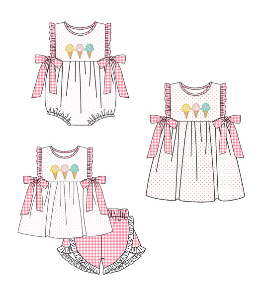 12.19 custom each style moq 5eta 4-6week Sibling Sister ice cream baby girl short sleeve shorts sets and dress and rompers match family design