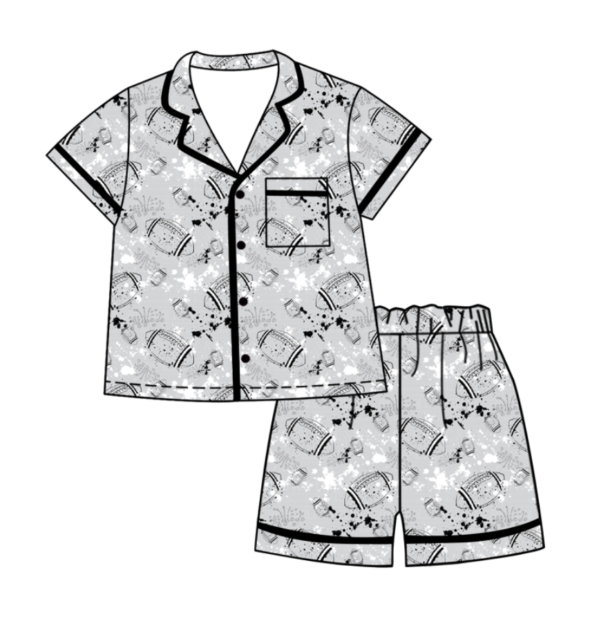 Custom moq 5 mix size milk silk summer teams Baby Girls Football Button Pocket Top Short Pajamas Sets Cute Infant Sleepwear