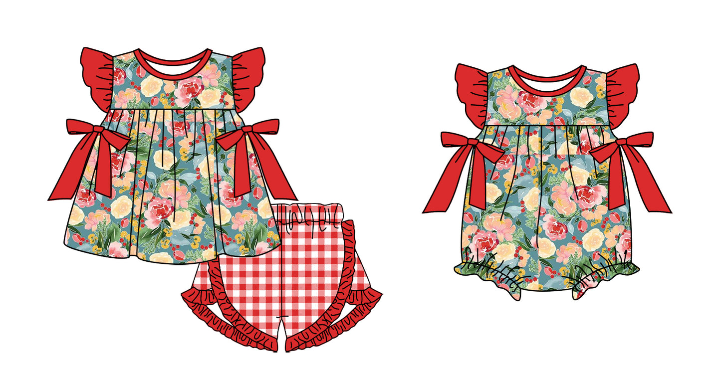 11.25 custom each style moq 5eta 4-6week Sibling Sister floral baby boy short sleeve shorts sets and rompers match design