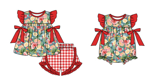 11.25 custom each style moq 5eta 4-6week Sibling Sister floral baby boy short sleeve shorts sets and rompers match design