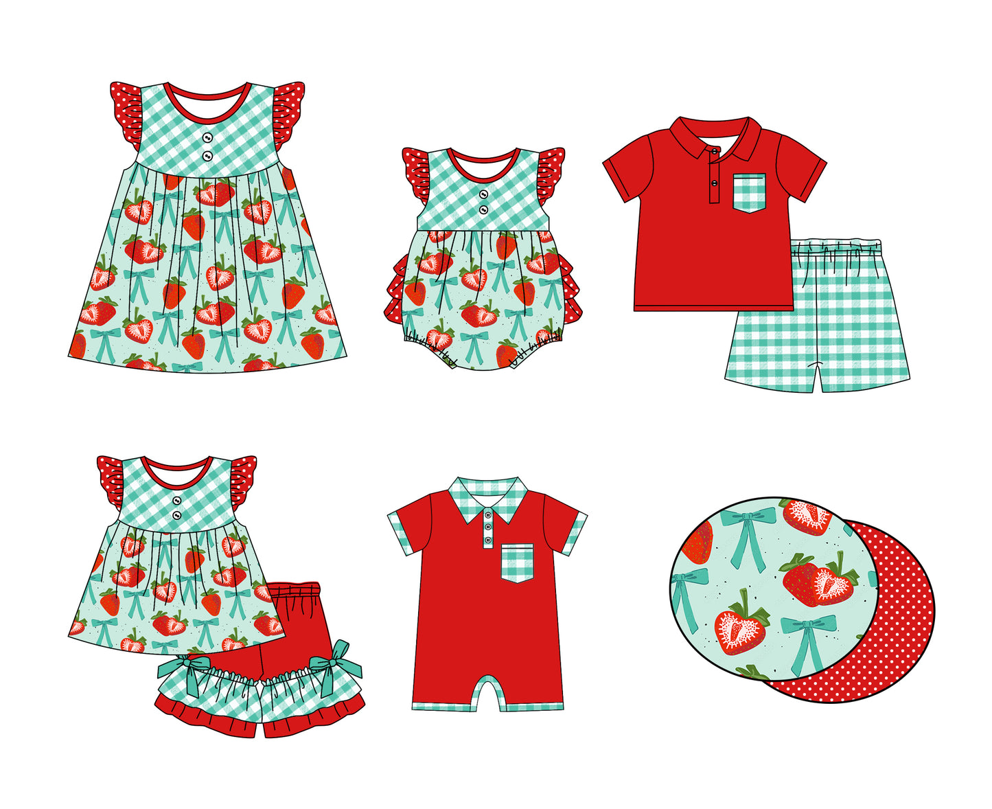 11.6 custom each style moq 5eta 4-6week Sibling Sister strawberry red baby girl short sleeve shorts sets and sets 2 and girls romper and boy romper and dress match design