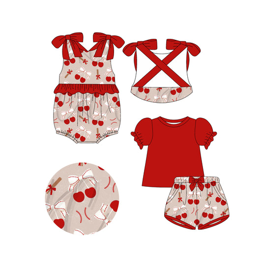 4.14 custom each style moq 5eta 4-6week Sibling Sisters cherry bow red baby girl short sleeve shorts sets and rompers match family design