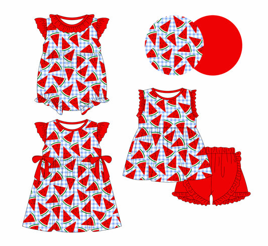4.4 custom each style moq 5eta 4-6week Sibling Sisters watermelon baby girl short sleeve shorts sets and dress and rompers match family design