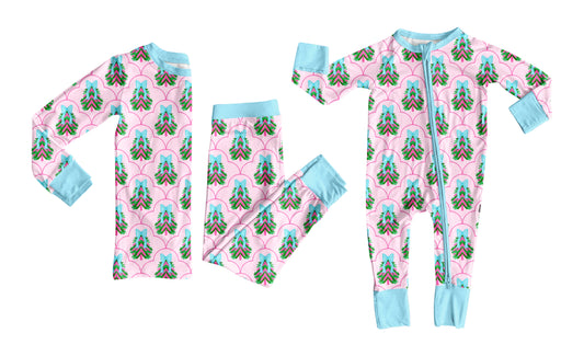 25.6.17 custom each style moq 5eta 4-6week Sibling Sisters Christmas trees bow blue baby girl long sleeve pants sets and rompers match family design