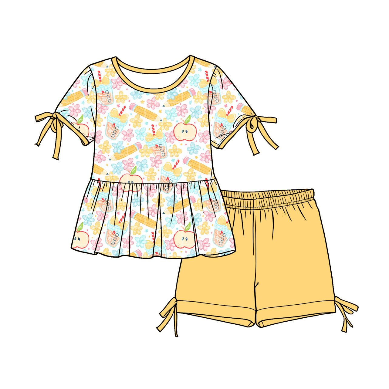 Custom moq 5 mix size Baby Girl Back To School Short-Sleeved Top And Yellow Shorts Set Cute And Comfortable Clothing