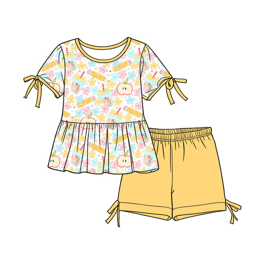 Custom moq 5 mix size Baby Girl Back To School Short-Sleeved Top And Yellow Shorts Set Cute And Comfortable Clothing