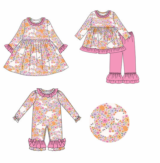 25.8.11 custom each style moq 5eta 4-6week Sibling Sisters ghost floral pink baby girl long sleeve pants sets and dress and rompers match family design