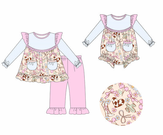 25.6.27 custom each style moq 5eta 4-6week Sibling Sisters boots bow baby girl long sleeve pants sets and rompers match family design