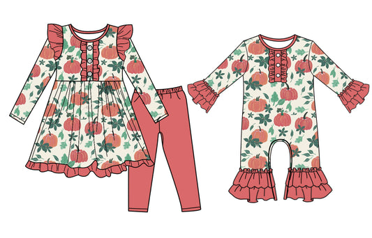 25.7.2 custom each style moq 5eta 4-6week Sibling Sisters pumpkin baby girl long sleeve pants sets and rompers match family design