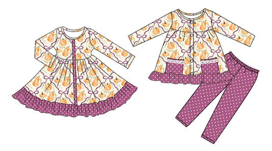 25.7.28 custom each style moq 5eta 4-6week Sibling Sisters pumpkin bow baby girl long sleeve pants sets and dress match family design