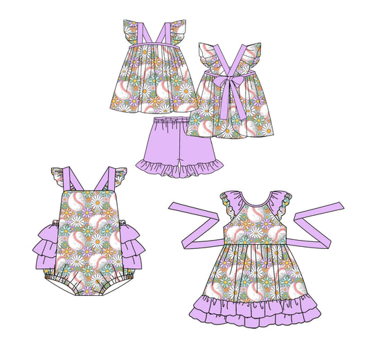 12.25 custom each style moq 5eta 4-6week Sibling Sister baseball floral baby girl short sleeve shorts sets and dress and rompers match family design