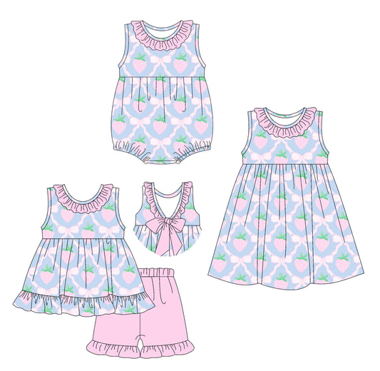 3.28 custom each style moq 5eta 4-6week Sibling Sisters strawberry bow baby girl short sleeve shorts sets and dress and rompers match family design