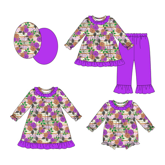 25.8.13 custom each style moq 5eta 4-6week Sibling Sisters floral purple baby girl long sleeve pants sets and dress and rompers match family design