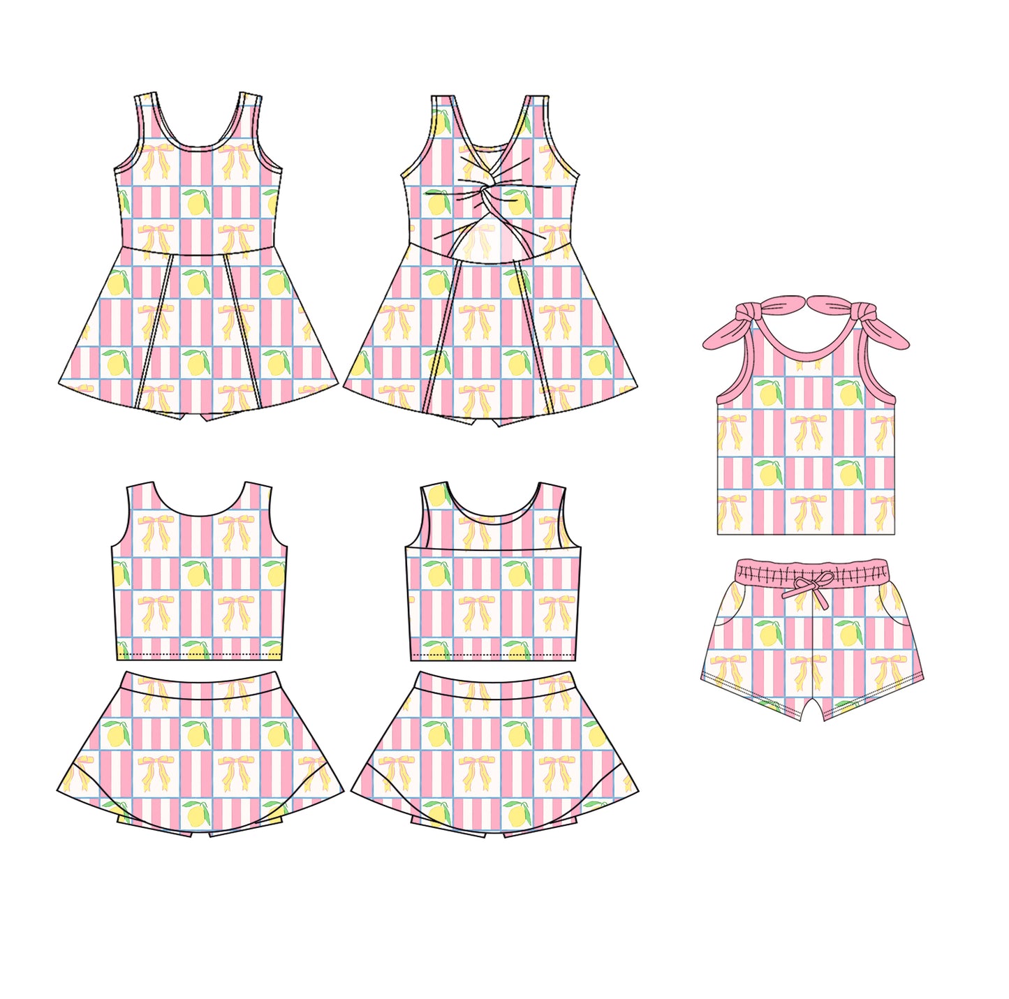 4.1 custom each style moq 5eta 4-6week Sibling Sister lemon bow baby girls clothes Short sleeve shorts sets and yoga dress 1 and dress 2 match family design