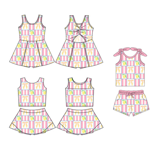 4.1 custom each style moq 5eta 4-6week Sibling Sister lemon bow baby girls clothes Short sleeve shorts sets and yoga dress 1 and dress 2 match family design