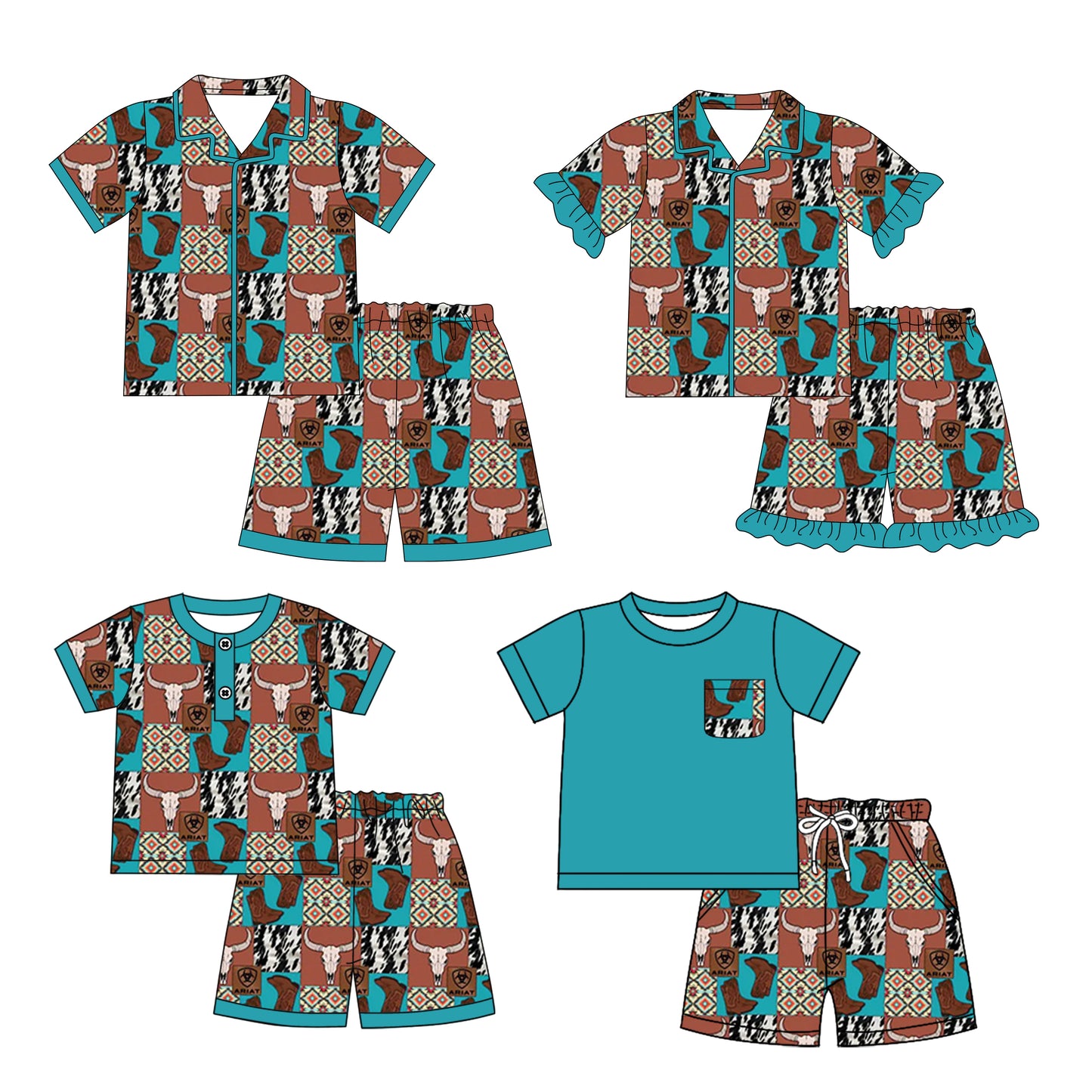 12.20 custom each style moq 5eta 4-6week Sibling Sister cow head boots baby boy short sleeve shorts sets 1 and sets 2 and set 3 match design