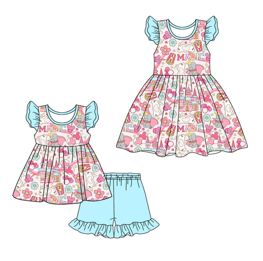 12.9custom each style moq 5eta 4-6week Sibling Sister MAGIC baby girl short sleeve shorts sets and dresses match design