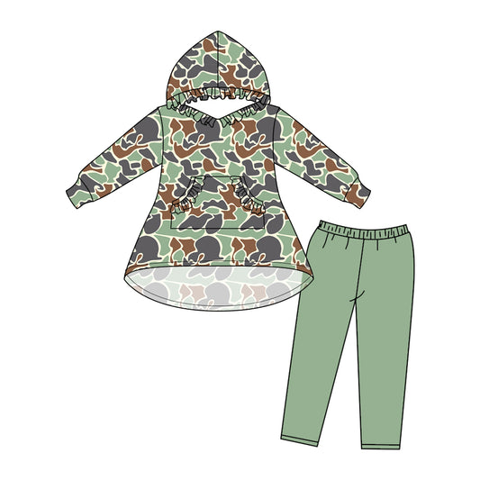 7.9 custom each style moq 5eta 4-6week camouflage green hooded long sleeve pants baby girls sets