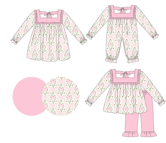 25.5.16 custom each style moq 5eta 4-6week Sibling Sisters floral bow baby girl long sleeve pants sets and dress and rompers match family design