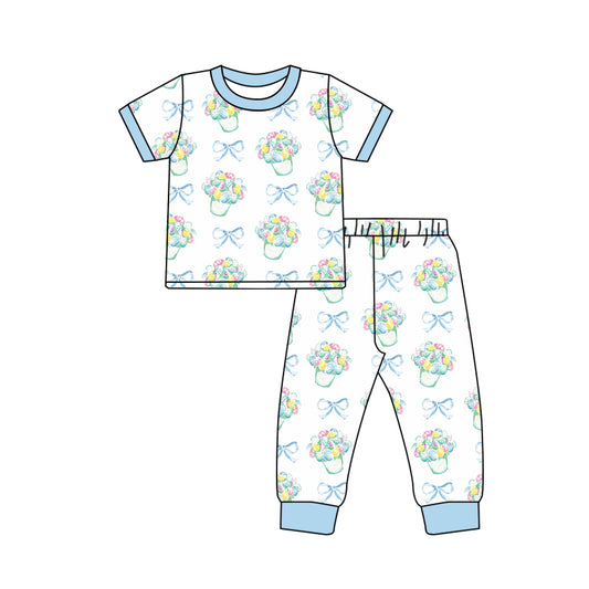 8.6 custom each style moq 5eta 4-6week Sibling Sister bow blue and white baby boys short sleeve sets and rompers match family design