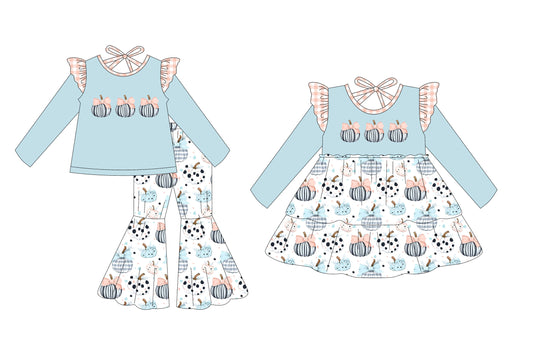 25.6.24 custom each style moq 5eta 4-6week Sibling Sisters pumpkin bow baby girl long sleeve pants sets and dress match family design