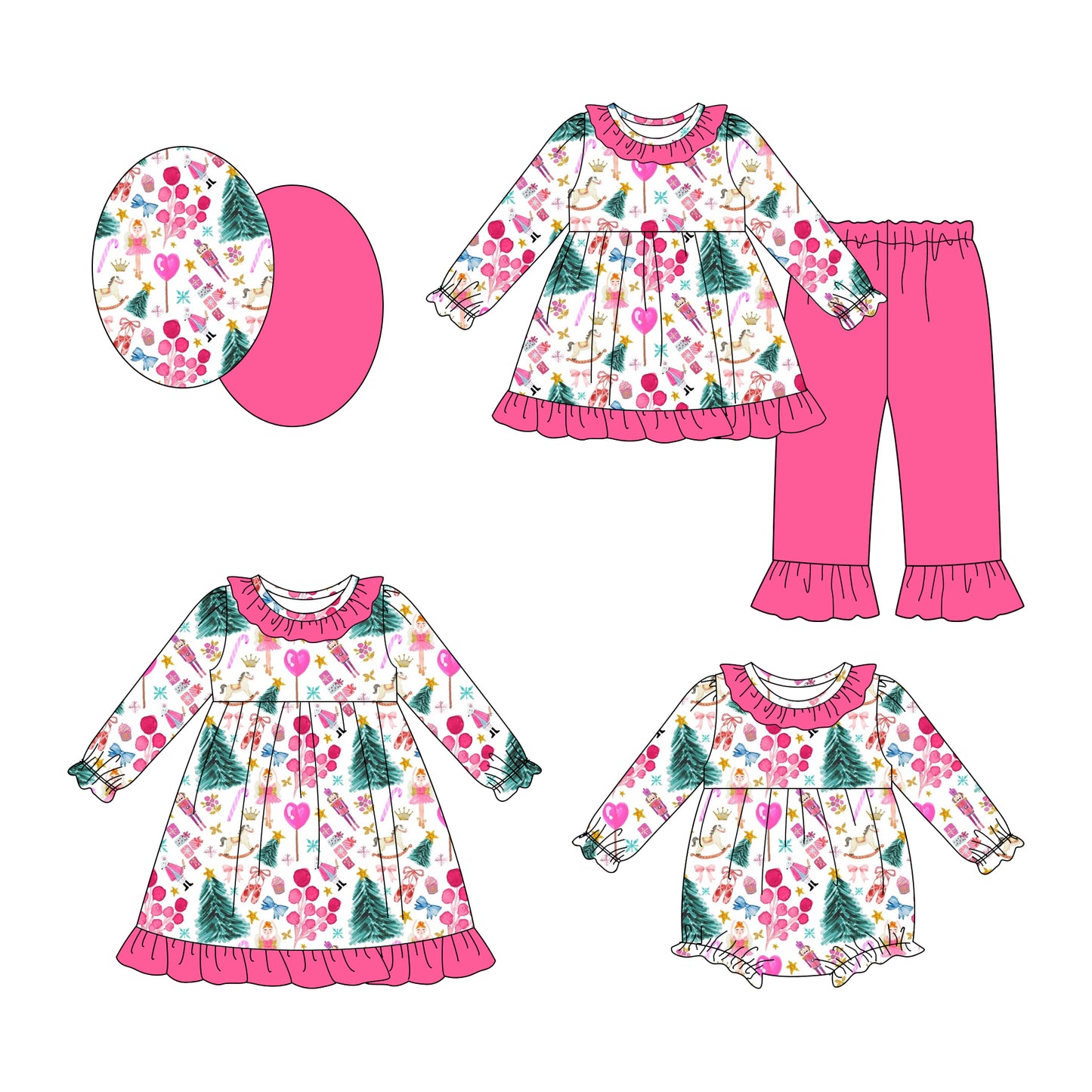 25.8.20 custom each style moq 5eta 4-6week Sibling Sisters Christmas tree baby girl long sleeve pants sets and dress and rompers match family design