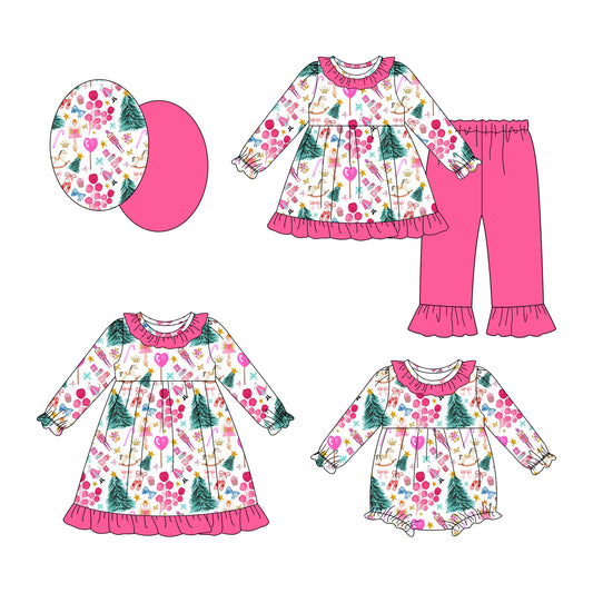 25.8.20 custom each style moq 5eta 4-6week Sibling Sisters Christmas tree baby girl long sleeve pants sets and dress and rompers match family design