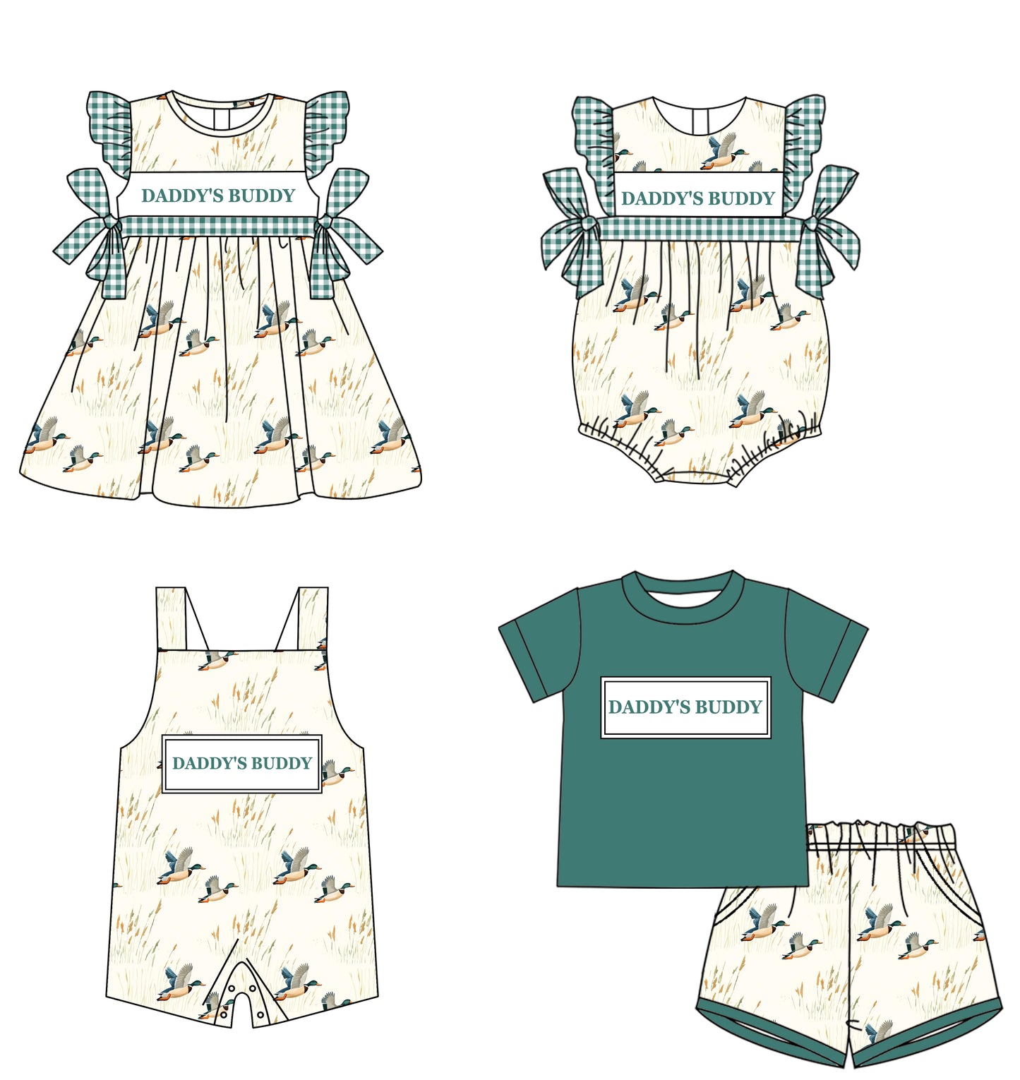 11.21 custom each style moq 5eta 4-6week Sibling Sister DADDY BUDDY duck baby boy short sleeve shorts sets and girls romper and boy romper and dress match design