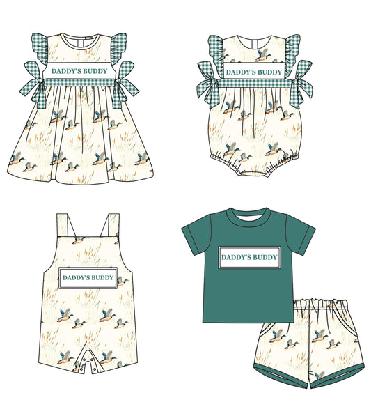11.21 custom each style moq 5eta 4-6week Sibling Sister DADDY BUDDY duck baby boy short sleeve shorts sets and girls romper and boy romper and dress match design